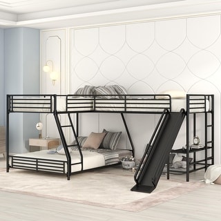 L-Shaped Twin over Full Bunk Bed with Twin Size Loft Bed, Built-in Desk and Slide, Bunk Metal Bed Frame, No Box Spring Needed