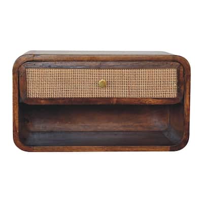 Artisan Furniture Solid Wood Chestnut Wall Mounted Open Woven Bedside, Brown with One Shelf and One Drawer