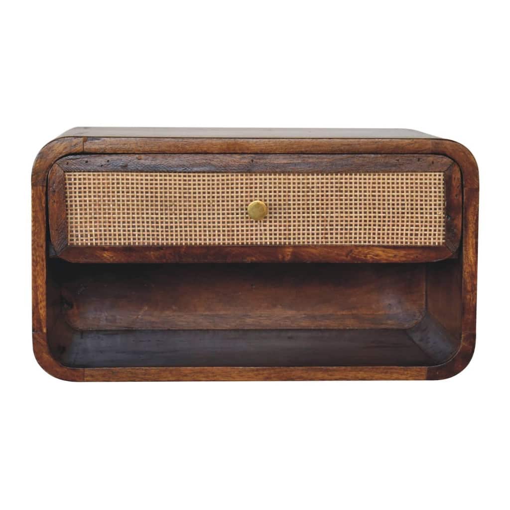Artisan Furniture Solid Wood Chestnut Wall Mounted Open Woven Bedside, Brown with One Shelf and One Drawer