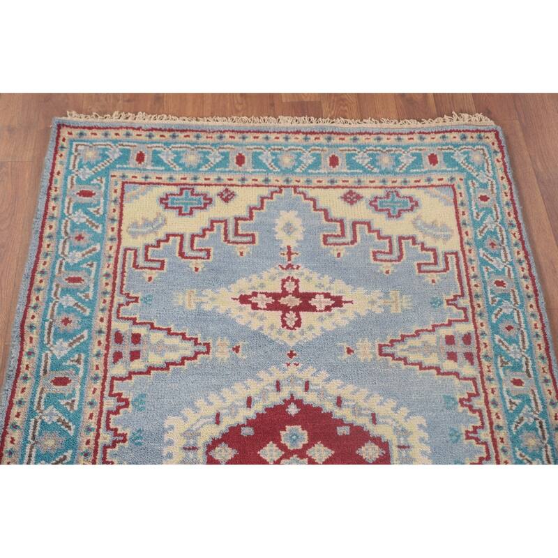 Geometric Kazak Accent Rug Handmade Blue Wool Carpet - 3'0"x 4'11"