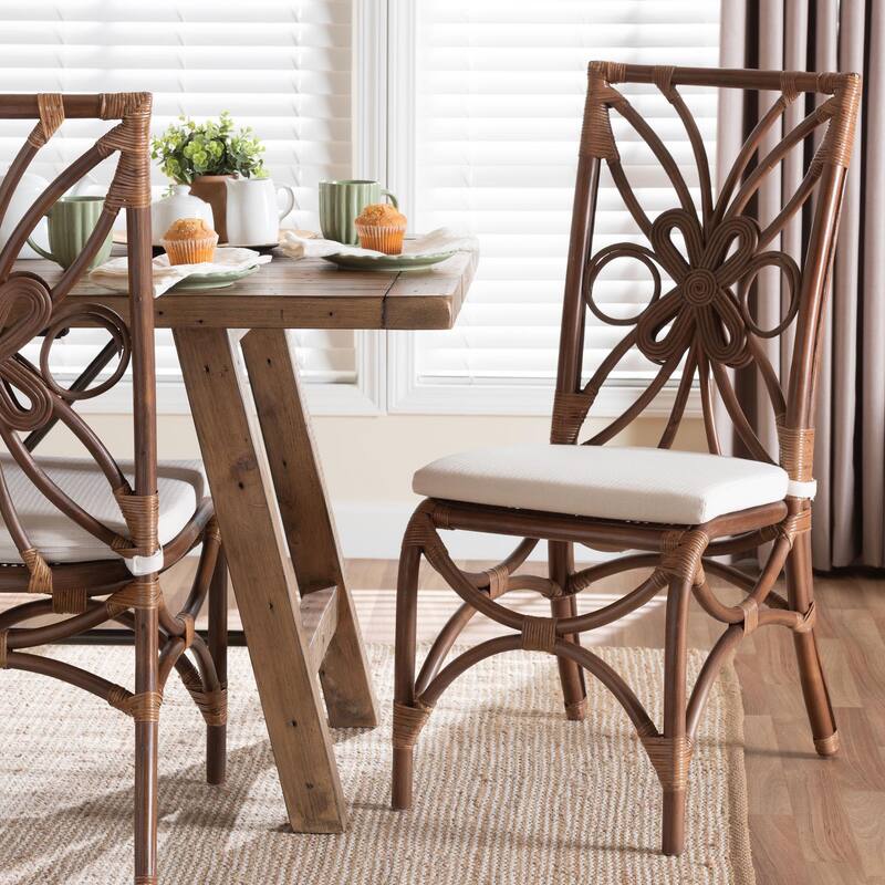Brama Natural Rattan Dining Chair with Decorative Backrest and Cushioned Seat, Boho Coastal Style Seating for Dining Room