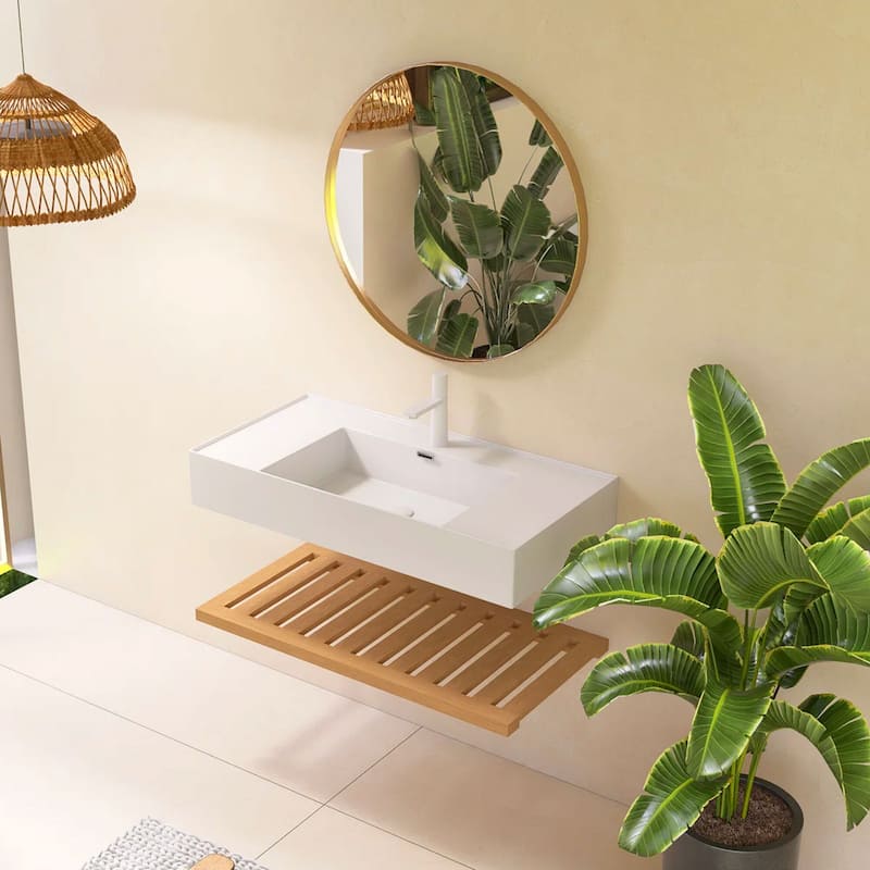 Wall-Mounted Bathroom Vanity in Natural Wood with White Integrated Acrylic Sink