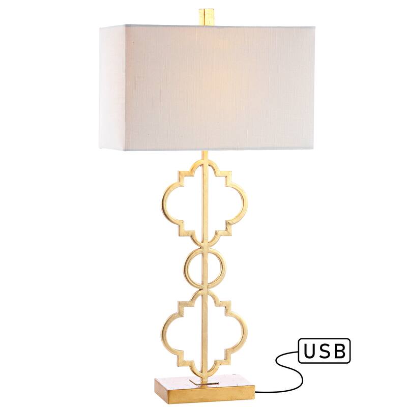 Miami 32" Iron Ogee Trellis Modern LED USB Table Lamp, Gold by JONATHAN Y