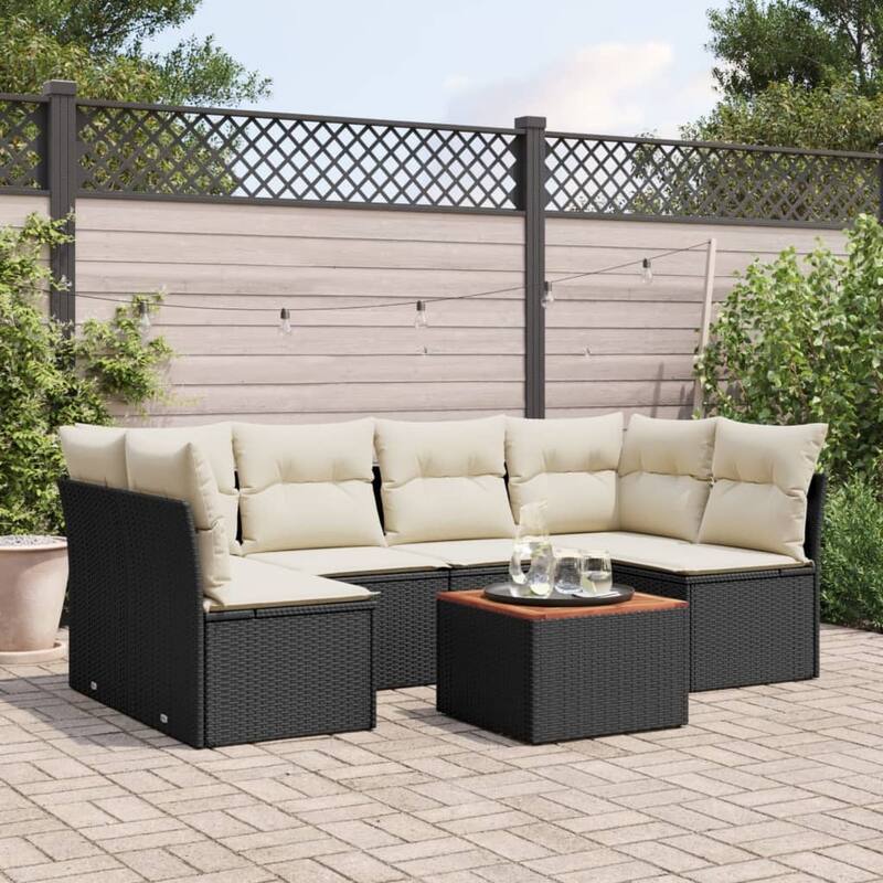 vidaXL Patio Sofa Set with Cushions Outdoor Furniture 7 Piece Poly Rattan - 21.7 x 21.7 x 14.6 - Black and Cream-2x corner+table+4x middle