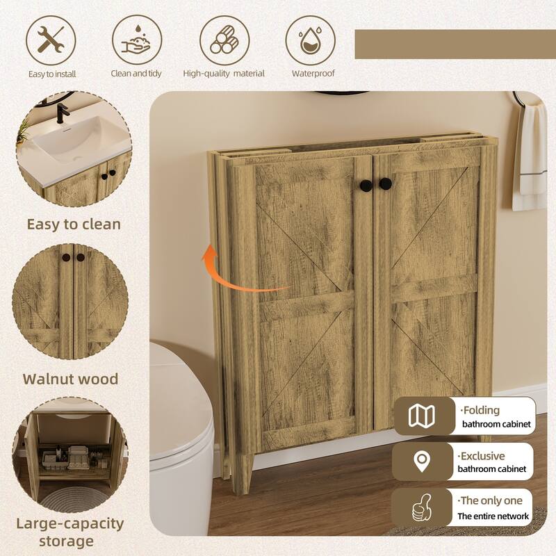 30 Inch Folding Bathroom Floor Cabinet with Ceramic Sink, 1-Minute Tool-Free Install, Space-Saving Freestanding Vanity