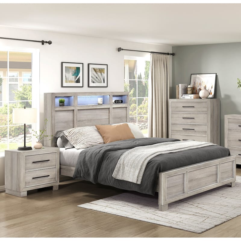 Bedroom Furniture Gray Finish Bed Chest Nightstand 3pc Set
