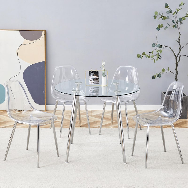 Tempered Glass Dining Table Set for 4, Modern 36" Round Table with 4 Transparent Chairs for Kitchen, Office, Living Room - Silver,Transparent