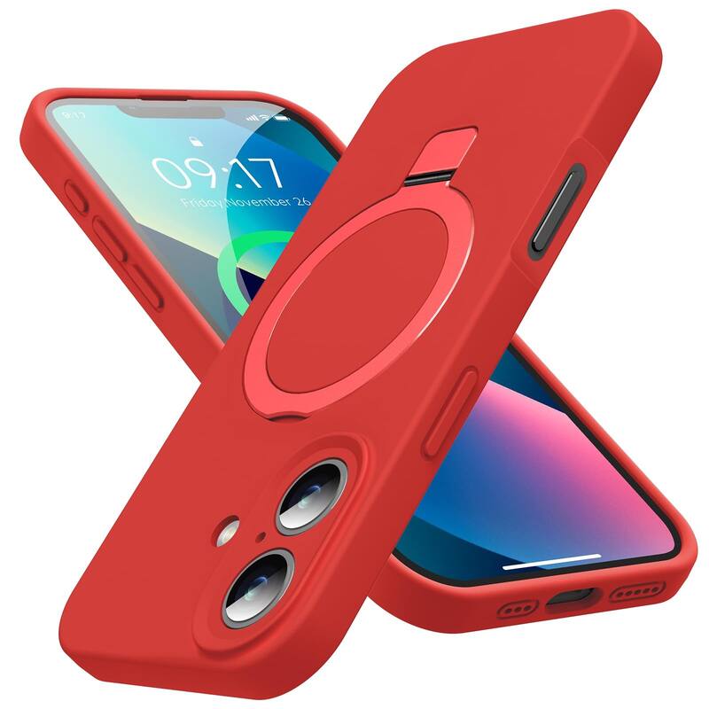 iPhone 16 Case, Liquid Silicone, Moisturizing Factor, Extreme Soft Slim Phone Case with Stand Compatible with MagSafe 6.1 inch - Red