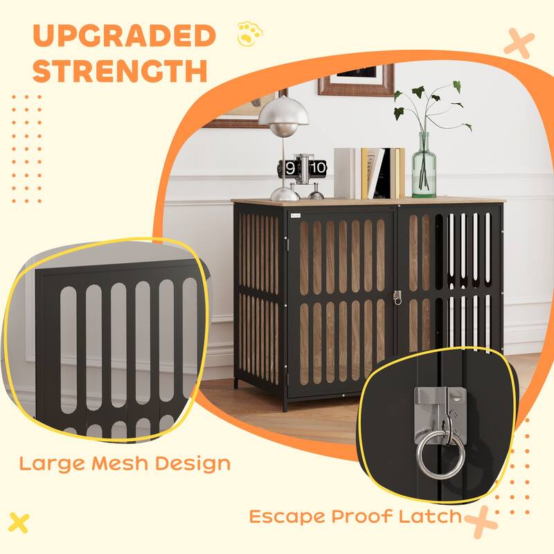 Walnut Brown Dog Crate Side Table with Escape-Proof Front Door Large Mesh Elevated Non-Slip Feet and Melamine Finishs