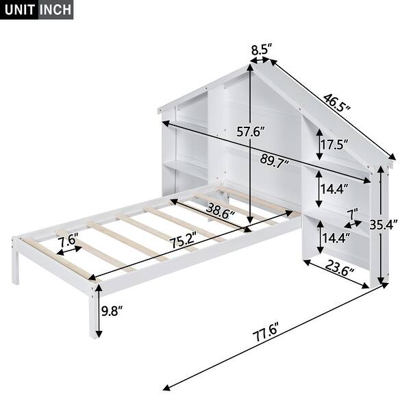 White Twin Size Wood Platform Bed with House-shaped Storage Headboard and Built-in LED for Bedroom