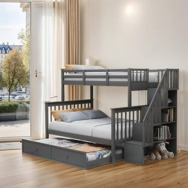 slide 2 of 15, Maximized Space Twin over Full Bunk Bed with Twin size Trundle, Storage and Guard Rail for Bedroom, Dorm, for Adults, Grey Grey