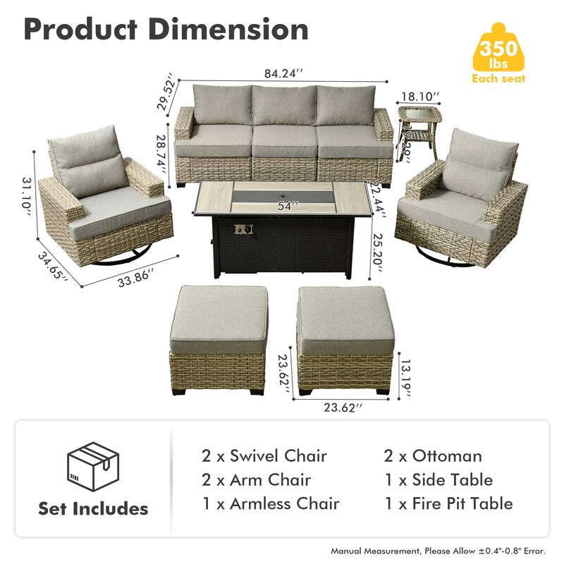 HOOOWOOO 9-piece Outdoor Wicker Furniture Swivel Rocking Chair Set with Fire Pit Table