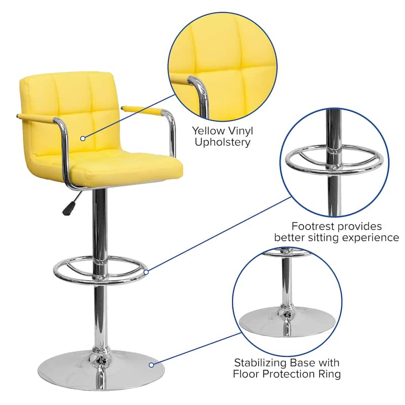 Quilted Vinyl Adjustable Height Barstool with Arms and Chrome Base - 20"W x 18"D x 36.75" - 45.25"H