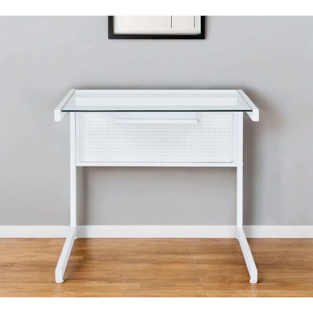 HomeRoots 33" Clear and White Glass and Stainless Steel Writing Desk