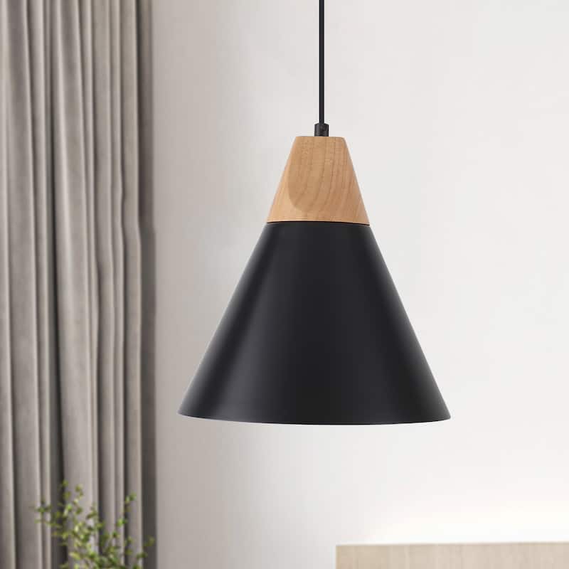 Farmhouse Pendant Light Fixture with Wood and Metal for Kitchen, Hallway,Living Room - Black