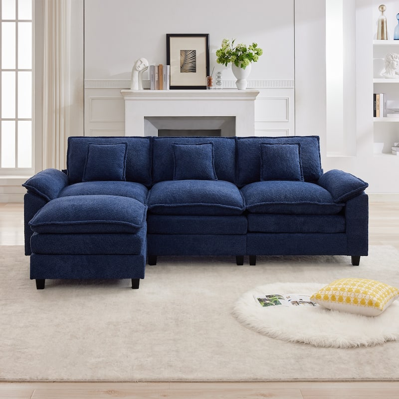 Modular Chenille Sectional Sofa with Ottomans, Deep Seat, Wide Padded Armrests, 2-Seat / 3-Seat / 4-Seat Options - Navy/3 Seats with 1 Ottoman - Reversible