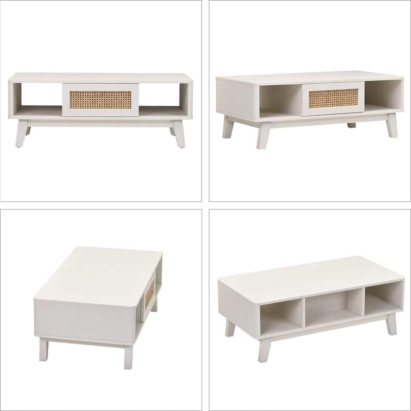 Mid Century Coffee Table with Storage, Modern Square with Rattan Drawer, Wooden Living Room Table with Solid Wood Leg