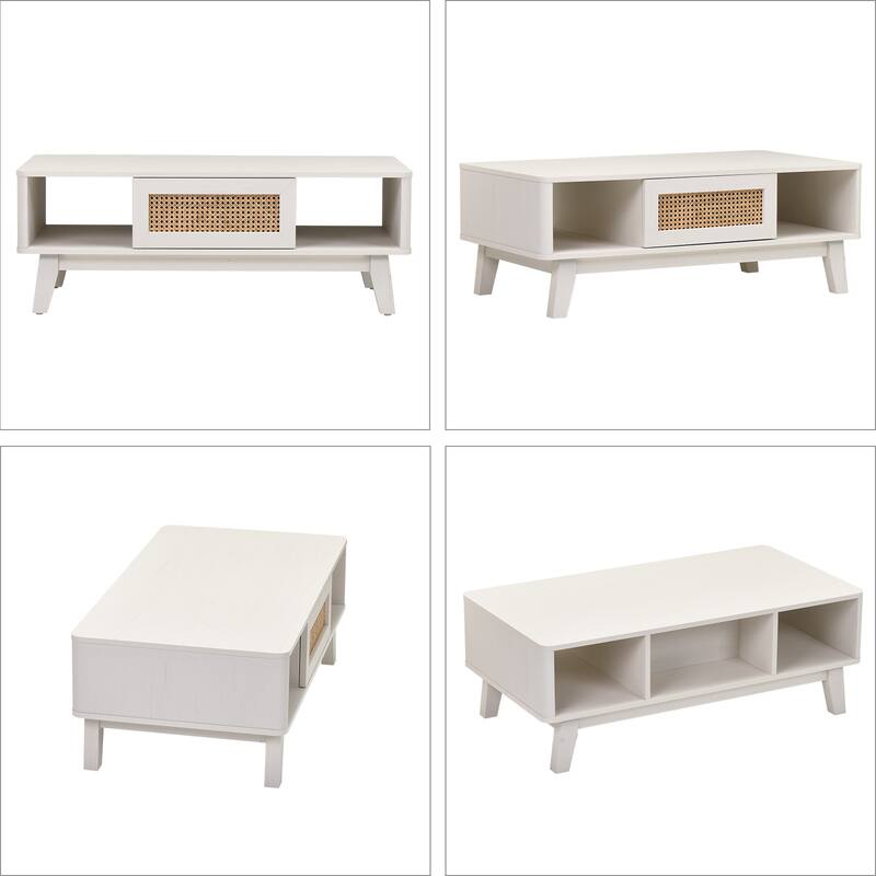 Wooden Cocktail Table Sofa Table, Coffee Table with Rattan Drawer, Modern Accent Table with Wood Legs