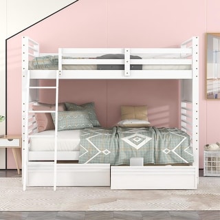 Modern Design Wood Bunk Bed with Ladder and Drawers, Solid Construction, Beautiful & Elegant, White