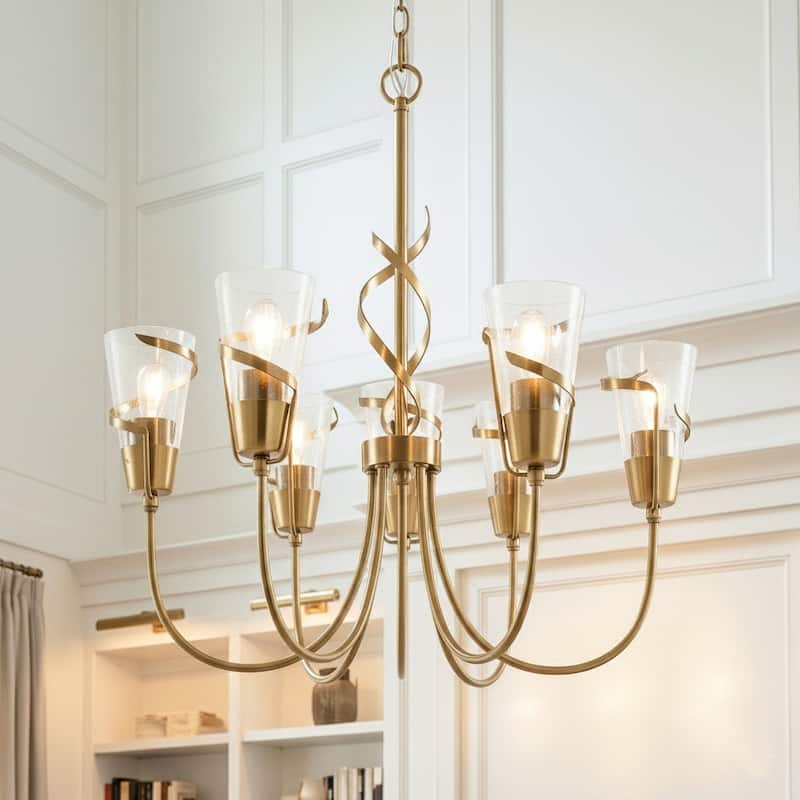26" French Country Gold Seeded Glass 5-Light Dimmable Chandelier for Dinning Room