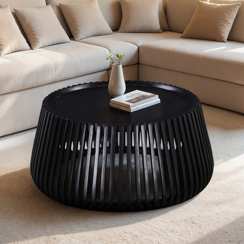 Elara 31 in. Black Solid Wood Drum Coffee Table
