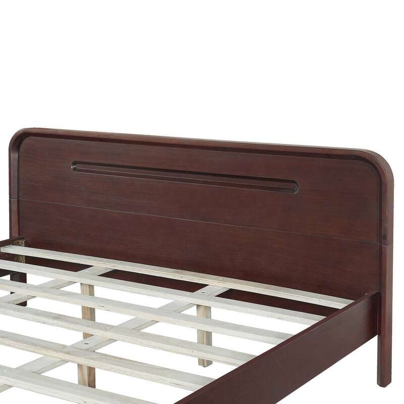 Rustic Pine Wood Bed Frame Low-Profile Platform Bed with Panel Headboard Solid Wood Slat Support and Extra Wide Thickened Legs