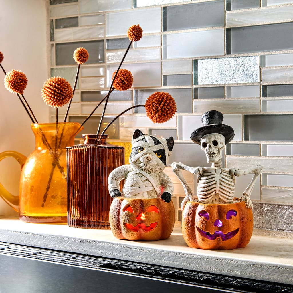 5.5" Resin LED Battery Operated Pumpkin With Skeleton Cat Set of 2