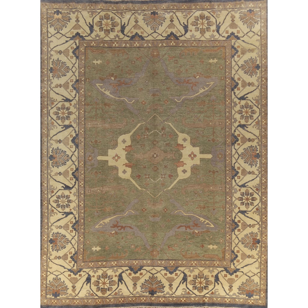 Green Floral Oushak Indian Large Rug Hand-Knotted Wool Carpet - 12'0" x 14'4"