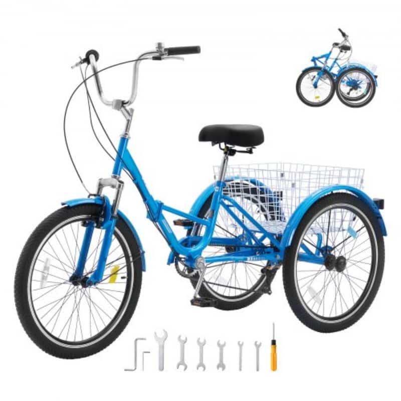 Folding 7-Speed Tricycle for Adults, 24-Inch 3-Wheel Bike with Basket & Adjustable Seat - 70.9 x 29.9 x 45.9 in
