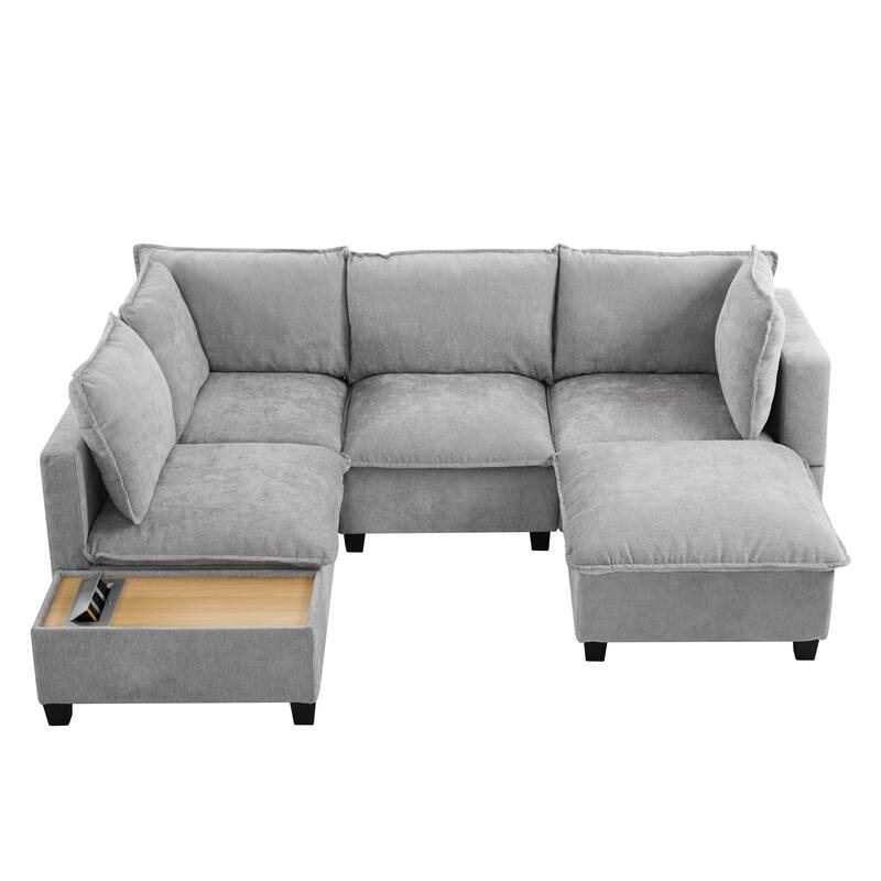 90" Chenille U-Shaped Sectional Sofa with Ottoman, Charging Ports