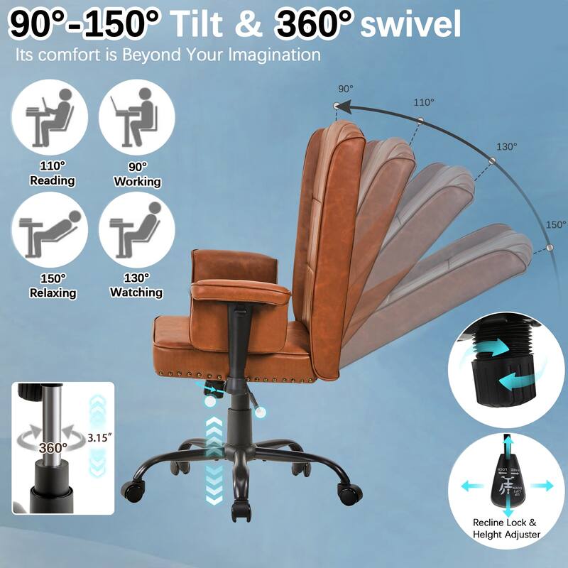 Pu Leather Home Office Desk Chair Adjustable Desk Chair Office Chair Computer Chair Ergonomic Mid Back with 360°Swivel