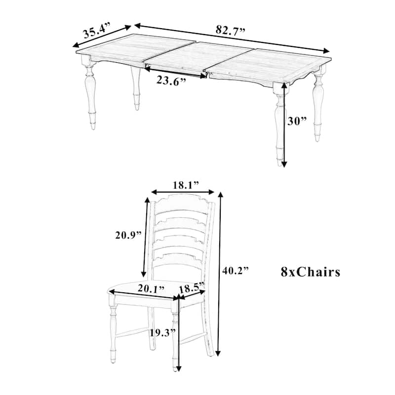 9-Piece Wood Extendable Dining Table Set with Removable Leaf and 8 Upholstered Dining Chairs for Dining Room, Kitchen