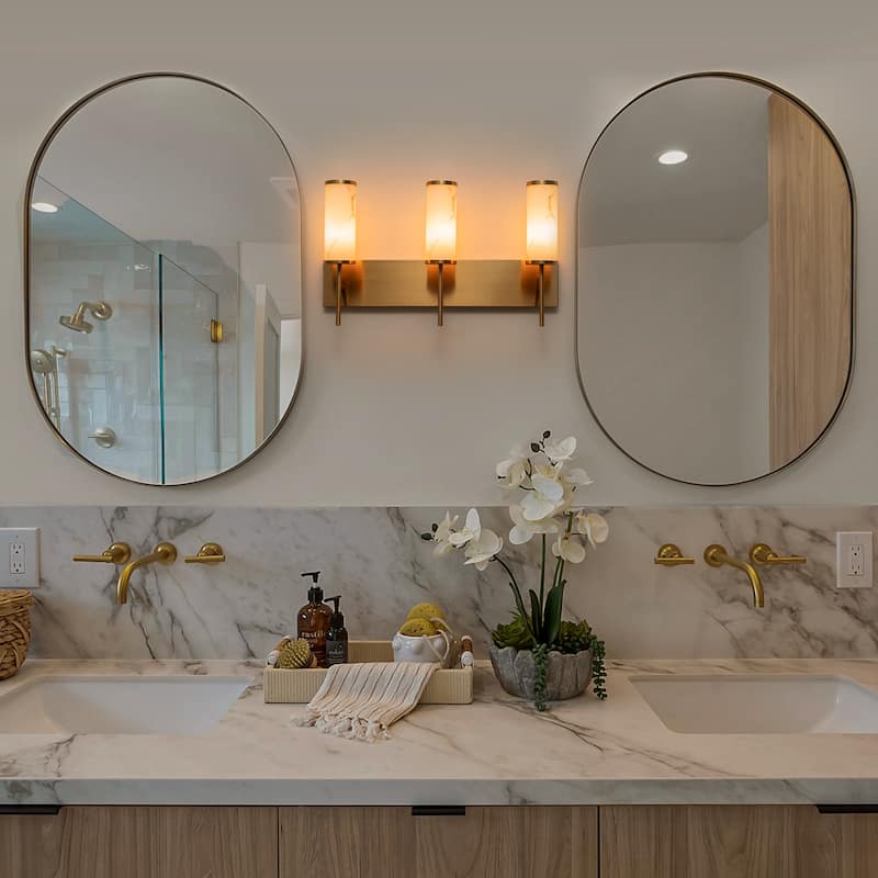 3-Light Gold Vanity Light Cylindrical Marble Crackle Glass Shades