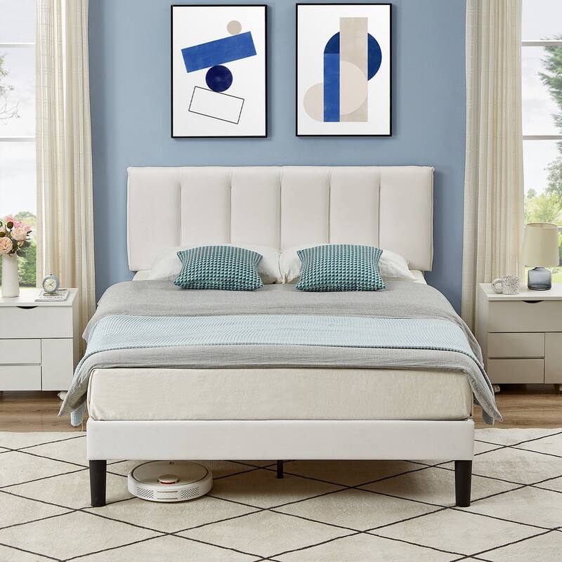 Upholstered Velvet Upholstered Bed Frame with Adjustable Height Headboard No Box Spring Needed Platform Bed Under Bed Storage - White - Full
