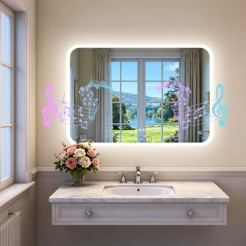 Bluetooth Speaker Smart LED Illuminated Tempered Glass Lighted Bathroom Mirror Backlight Wall Makeup Mirror