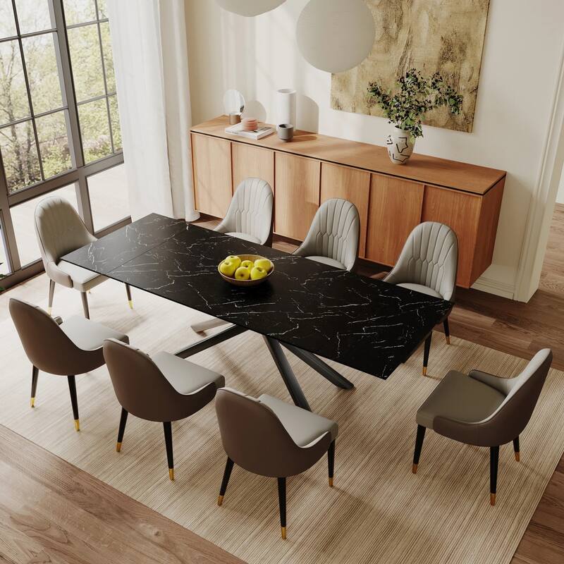 9 - Piece Extendable Rectangular Sintered Stone Cross Legs Dining Set With 8 Chairs - German Black top
