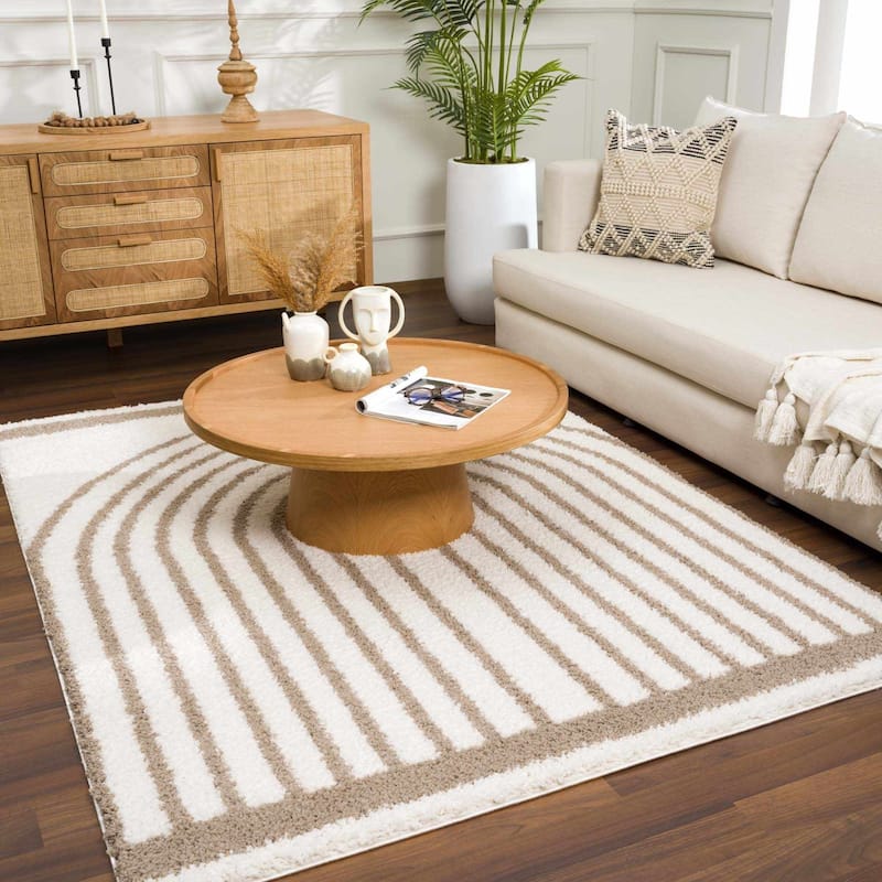 Hauteloom Jola Living Room, Bedroom Area Rug - Plush Pile - Bone, Taupe, Cloud Gray - 6'7" x 9'
