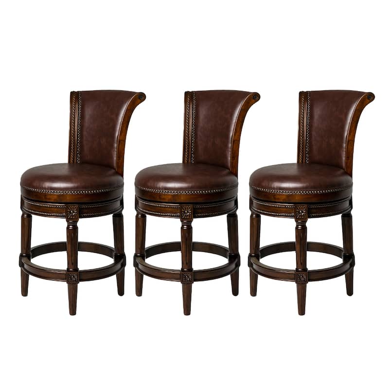 Maven Lane 26" Pullman Swivel Counter Height Kitchen Stool - Set of 3 - Dark Walnut Vegan Leather.