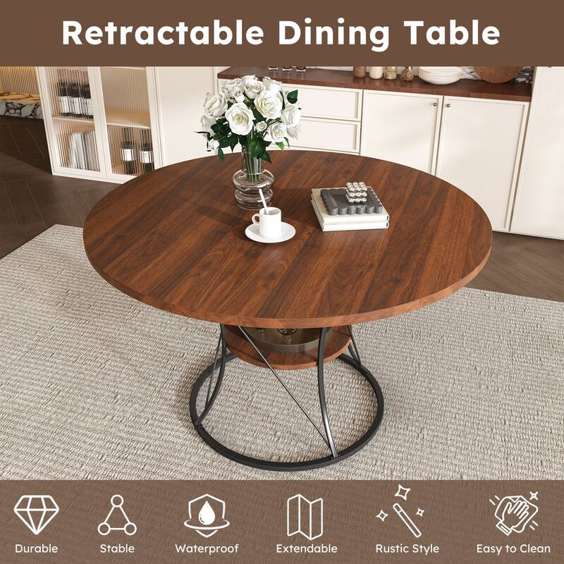 43.31" Round Extendable Wooden Dining Table with Storage Shelf and Metal Base