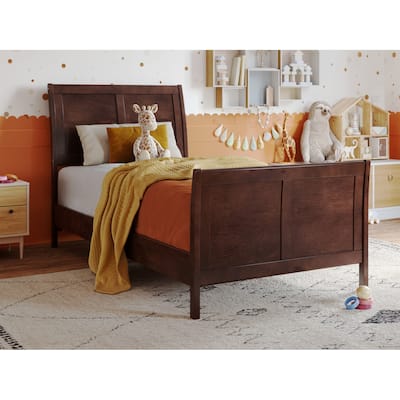 Solid Wood Sleigh Bed - Low Profile Platform Bed with Footboard - Twin Size Bed Frame