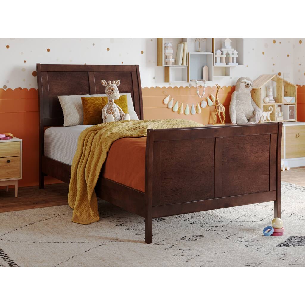Solid Wood Sleigh Bed - Low Profile Platform Bed with Footboard - Twin Size Bed Frame