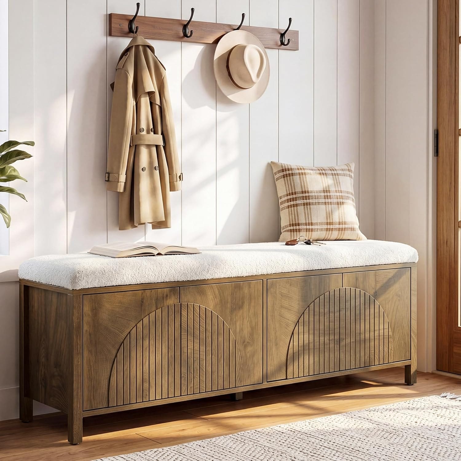 55-Inch Shoe Storage Bench with Thickened Padded Seat Cushion for Living Room, Entryway, Bedroom