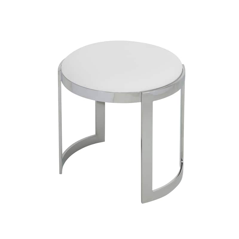 Niyo 19 Inch Accent Stool Ottoman, Round Seat, White Faux Leather, Silver
