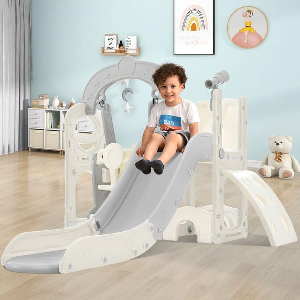 slide 2 of 67, 5 in 1 Toddler Slide and Swing Set - Indoor & Outdoor Kids Playground Climber with Telescope - 71.6'' L x 56.3'' W x 45.2'' H