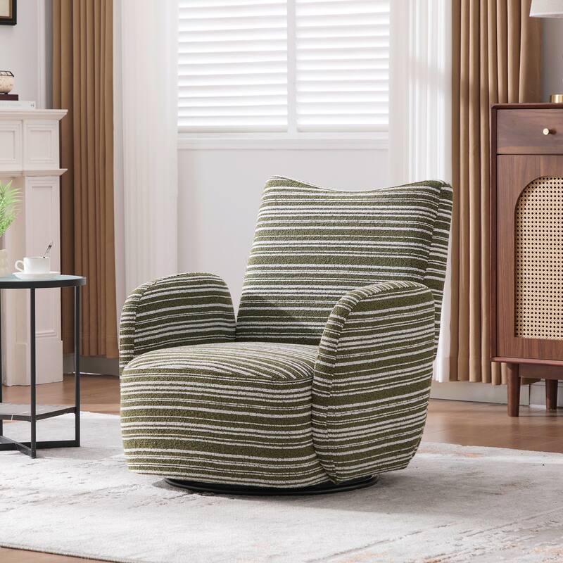 Modern Style 360° Swivel Leisure Chair Fabric Striped Armrest Swivel Chair and metal bracket, suitable for living room, balcony - Olive Green