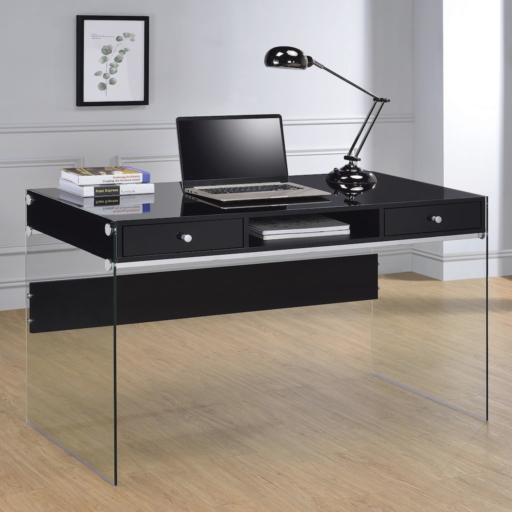 Contemporary Modern Style Glass Home Office Glossy Black Computer/ Writing Desk with Drawers