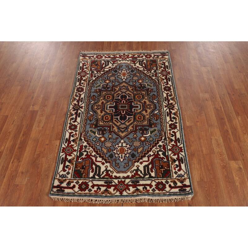 Geometric Blue Heriz Serapi Oriental Accent Rug Handmade Wool Carpet - 3'2" X 5'0"