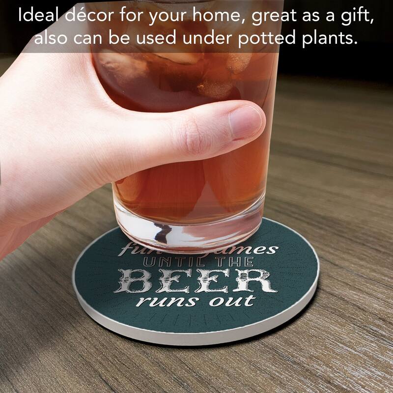 Fun & Games 4 Pack Absorbent Stone Coaster with Protective Cork Backing Made in The USA 4" Round, Easily Wipes Clean