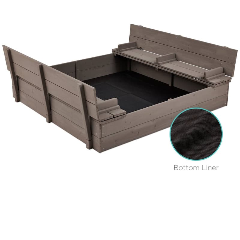 Grey Cedar Kids Sandbox with Foldable Cover and Built-In Benches for Backyard Playtime - 47.25"(L) x 49"(W) x 8.5"(H)