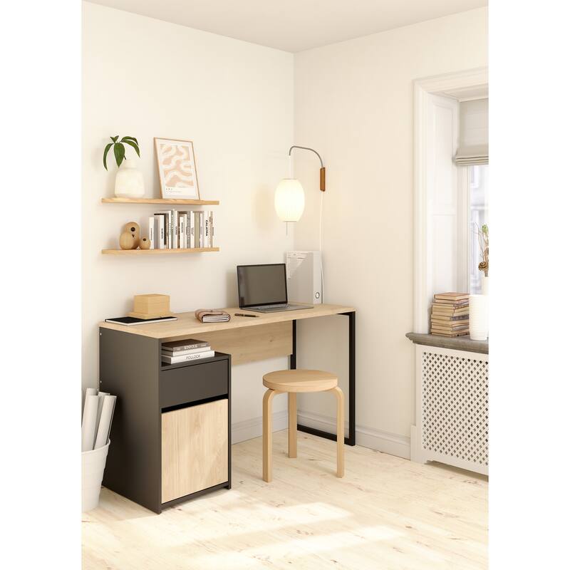 Porch & Den Waylon Home Office Writing Desk with 1 Door and 1 Drawer, Jackson Hickory/Black Matte